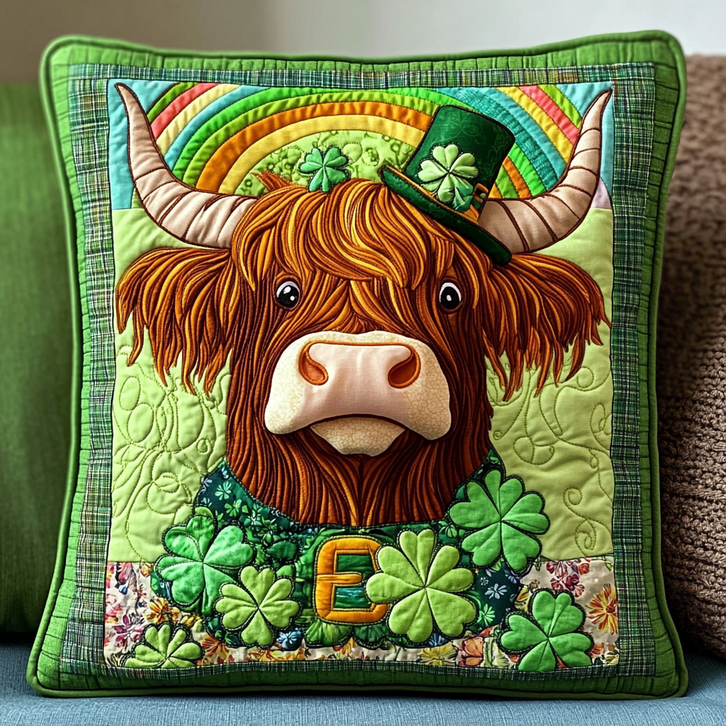 St Patrick's Day Highland Cow DAI090125362 Quilted Pillow Case