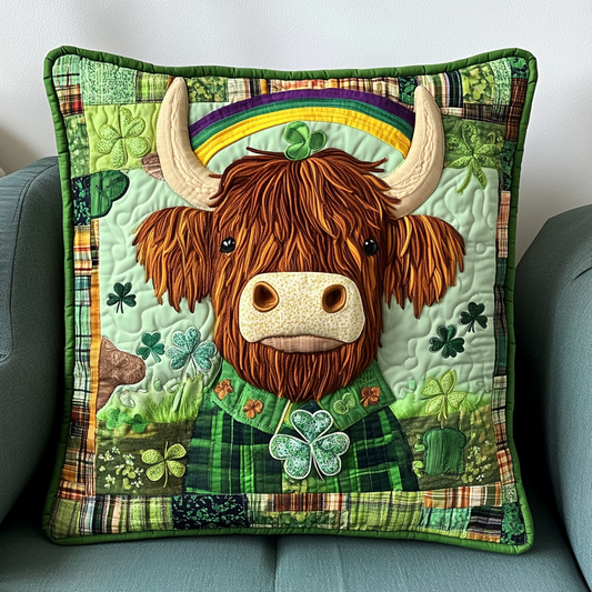 St Patrick's Day Highland Cow DAI090125358 Quilted Pillow Case