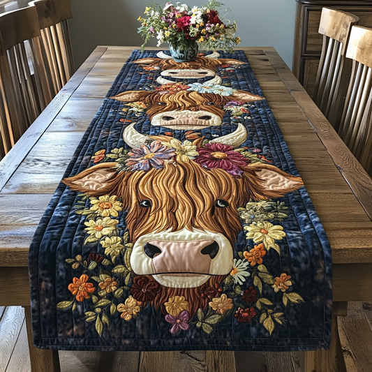 Flower Highland Cow DAI150125332 Quilted Table Runner