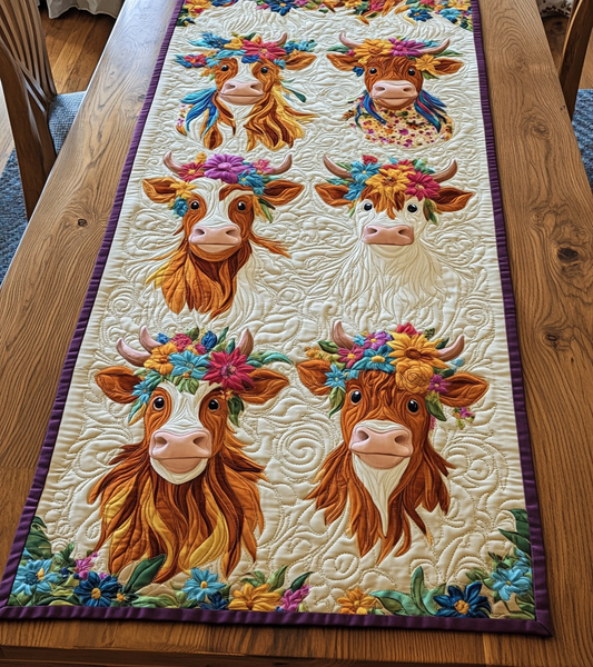 Flower Highland Cow DAI150125335 Quilted Table Runner