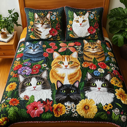 Cats In Flower Garden TAI111124041 Quilt Bedding Set