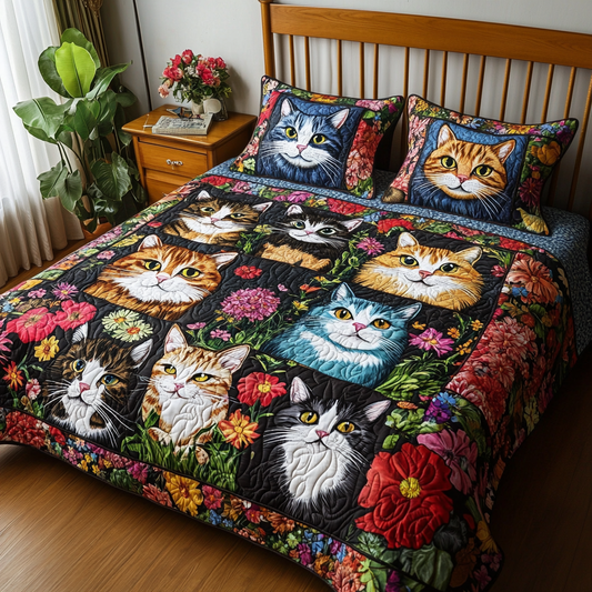 Cats In Flower Garden TAI111124037 Quilt Bedding Set