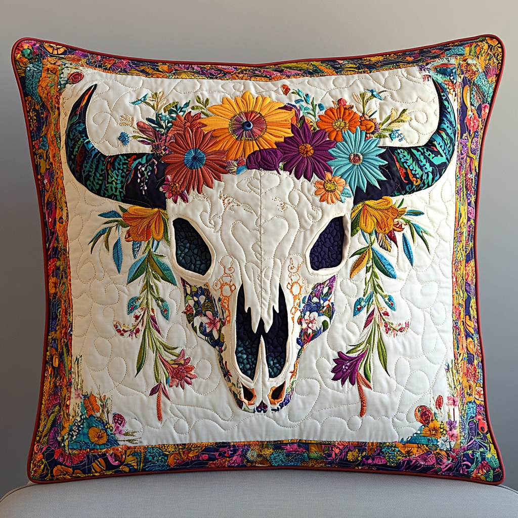 Hippie Bull Skull DAI241224025 Quilted Pillow Case