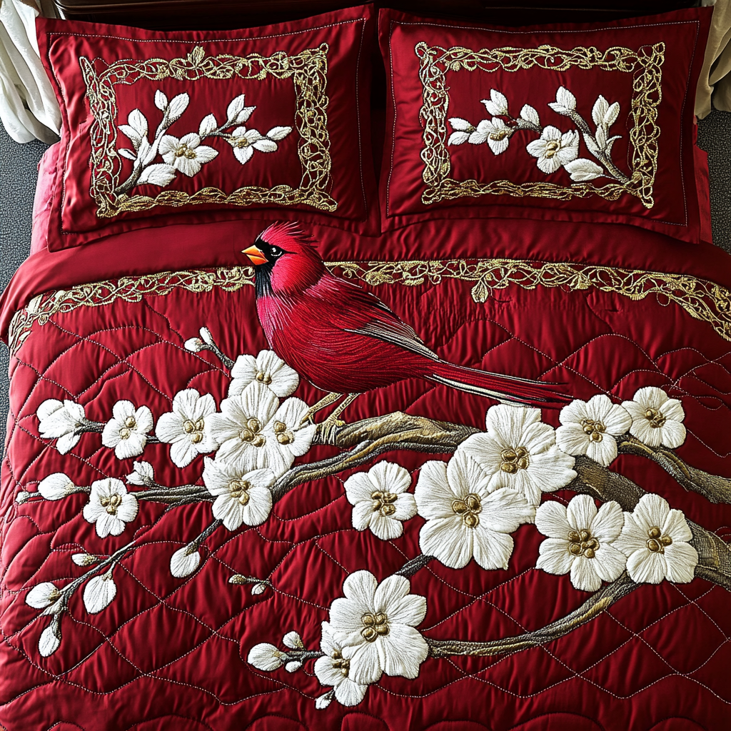 Cardinal On Blossom Branch TAI101224454 Quilt Bedding Set