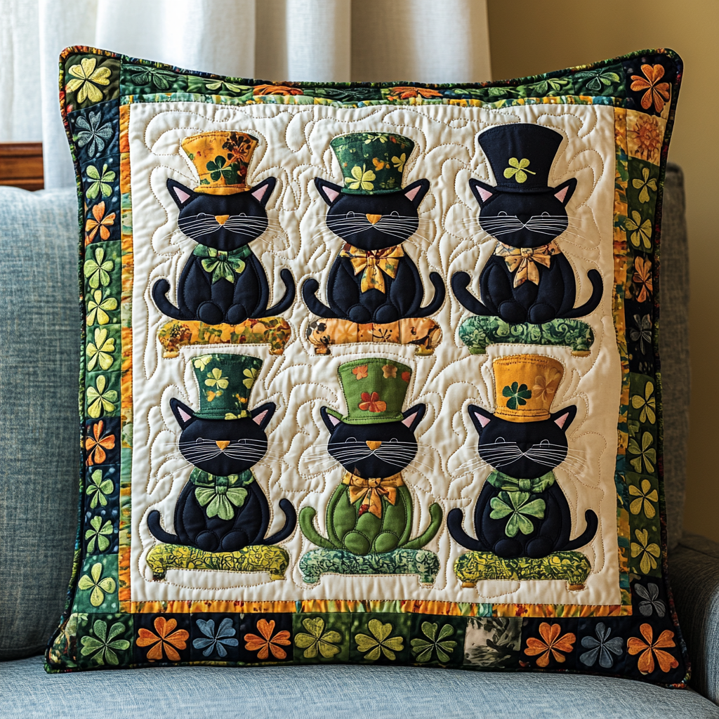 St Patrick's Day Cat DAI241224130 Quilted Pillow Case