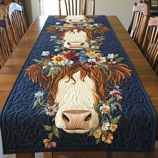 Flower Highland Cow DAI150125331 Quilted Table Runner