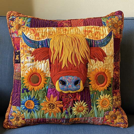 Sunflower Highland Cow DAI051224157 Quilted Pillow Case