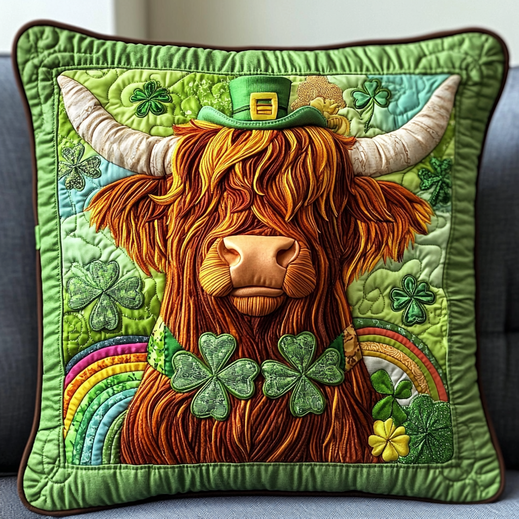 St Patrick's Day Highland Cow DAI090125361 Quilted Pillow Case