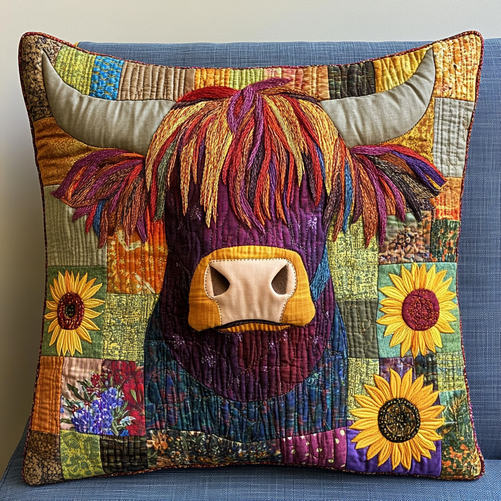 Sunflower Highland Cow DAI051224155 Quilted Pillow Case