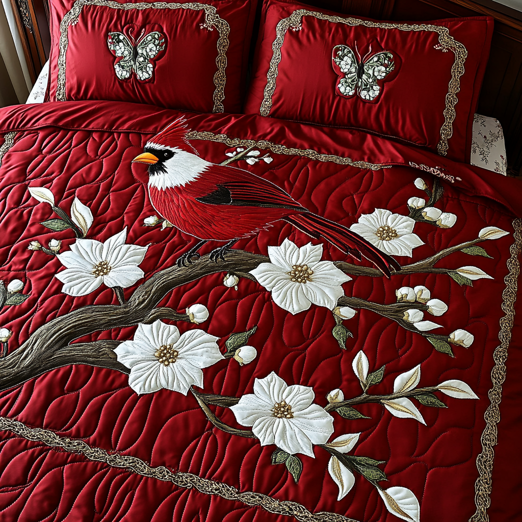 Cardinal On Blossom Branch TAI101224456 Quilt Bedding Set