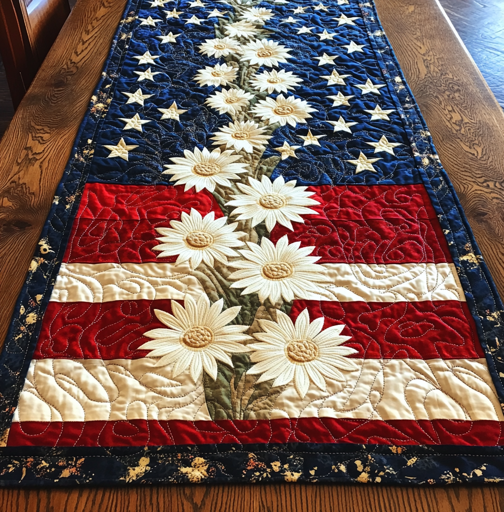 Patriotic Daisy Flower DAI200125318 Quilted Table Runner